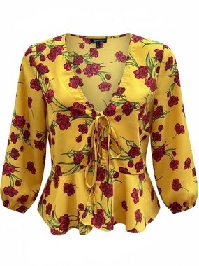 Topshop Yellow Red Floral Peplum Blouse Balloon sleeve Festival Blouse Sz 4 US